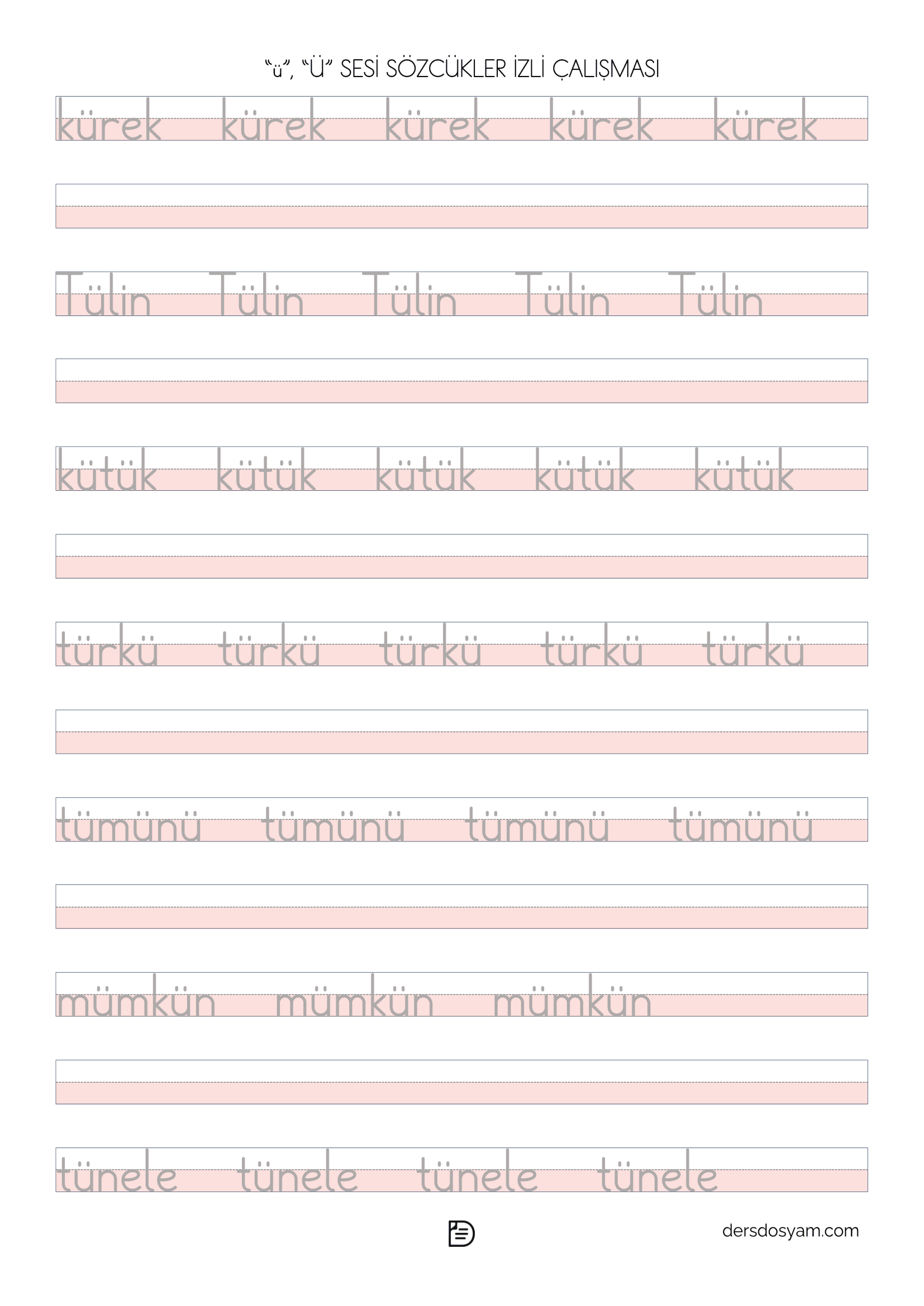 ü sesi kelime okuma yazma etkinliği 2
